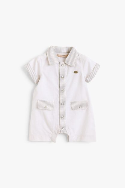 Collared two-tone seersucker and slub cotton baby boy romper with chest pockets and button front 0-3 mth Front | Locafy