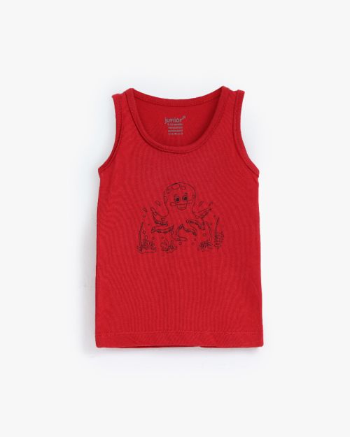 Red ribbed cotton sleeveless vest for baby girls with navy octopus graphic print 3-6 mth Front | Locafy
