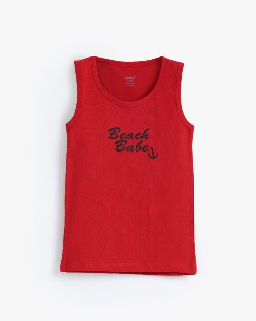 Boys red ribbed cotton sleeveless vest with Beach Babe anchor graphic print 6 yrs Front | Locafy