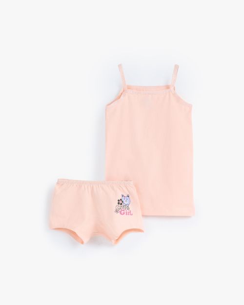 Girls peach lycra cami top and shorts underwear set with cute character print 6 yrs Front | Locafy