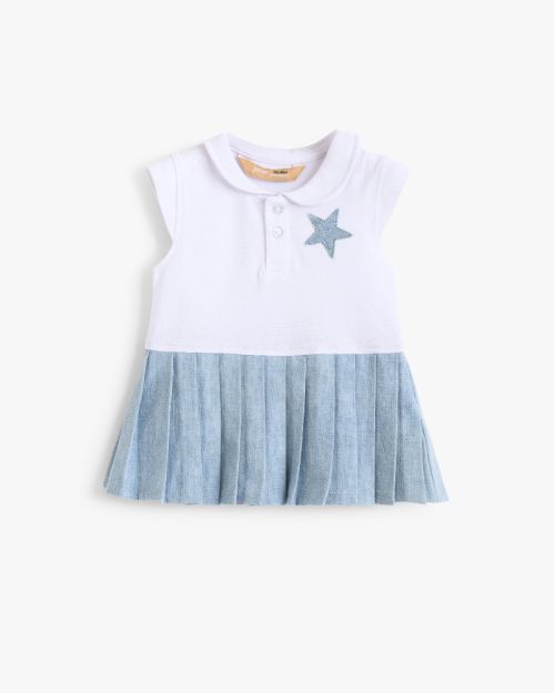Baby Girls Polo Dress with Denim Pleated Skirt and Star Patch 1
