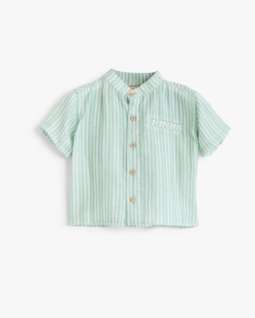 Baby Boys Mint Green Striped Short Sleeve Grandad Collar Shirt 1