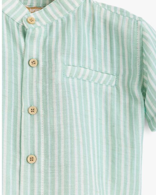 Baby Boys Mint Green Striped Short Sleeve Grandad Collar Shirt 1