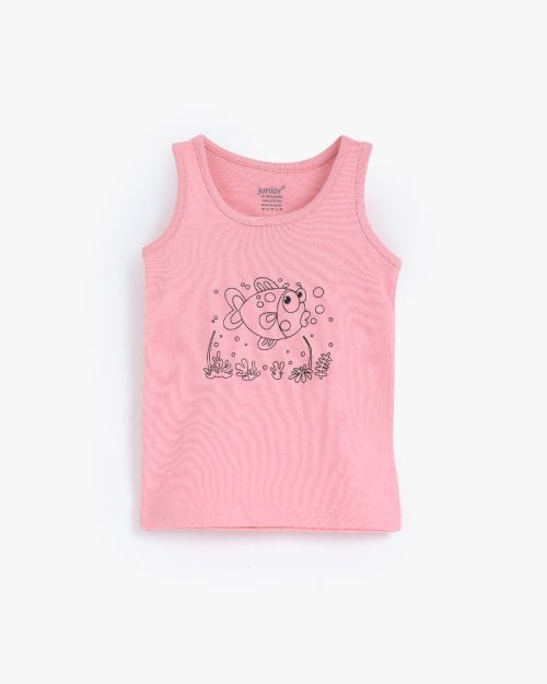Pink cotton sleeveless vest top for baby girls with cartoon fish print 3-6 mth Front | Locafy