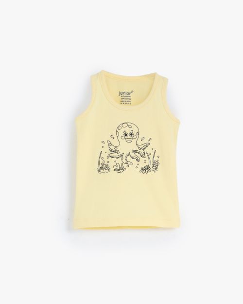 Baby girls soft yellow cotton sleeveless vest with playful octopus graphic print 0-3 mth Front | Locafy
