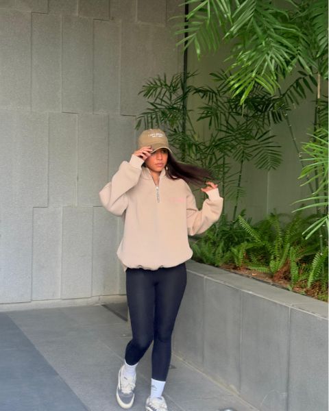 Oversized Beige Quarter-Zip Pullover Sweatshirt