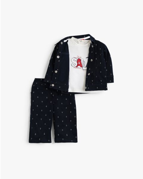 Nautical Anchor Print Three-Piece Jacket, Tee, and Trousers Set