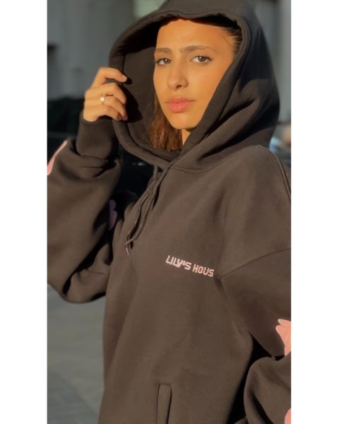 Oversized Black Hoodie with Pink Flower Patches