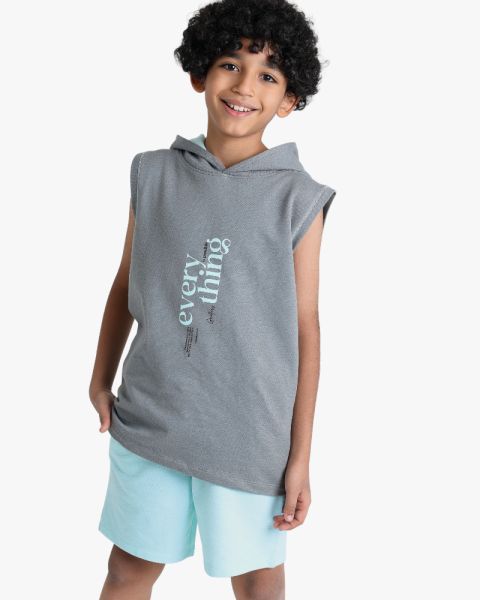 Boys Sleeveless Printed Hoodie and Shorts Summer Set