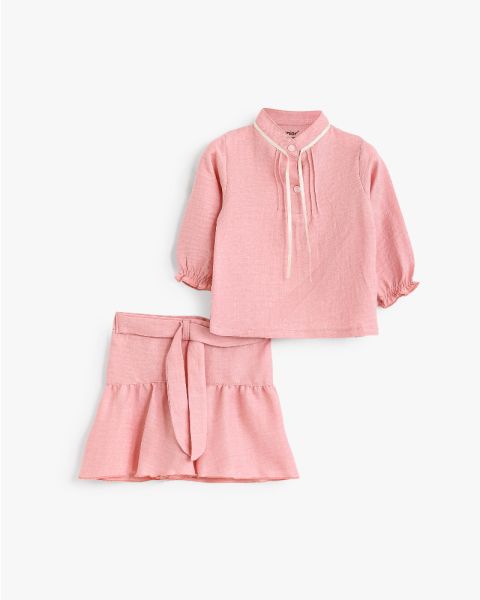 Elegant Two-Piece Pleated Blouse and Ruffled Skirt Set