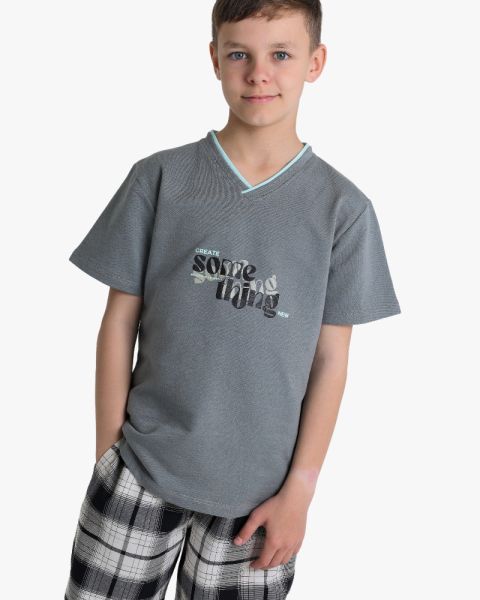 Boys Overlap V-Neck Graphic Tee and Plaid Trousers Set